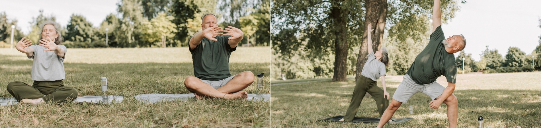 Bildcollage mit zwei älteren Menschen bei verschiedenen Mobilisations- und Dehnübungen auf Gymnastikmatten im Park.